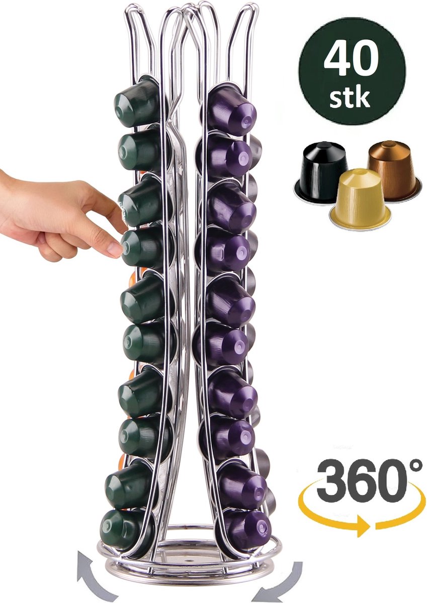 Cheffinger - Nespresso Capsulehouder - 360° draaibaar - 40 Cups - Cuphouder - Koffiecups Houder - Zilver