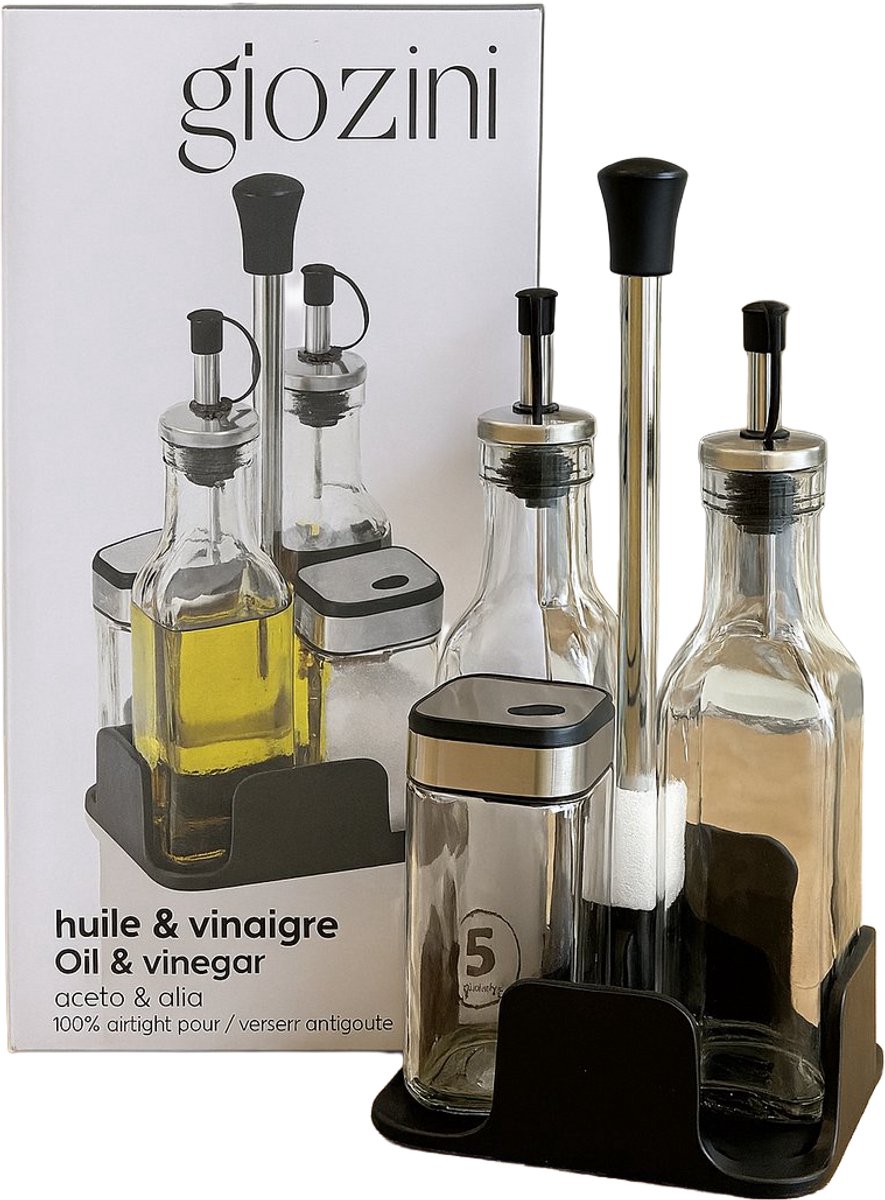 Glozini Olie- en Azijn Set met Zout & Peper - 5-delig - Glas & RVS - Incl. Houder