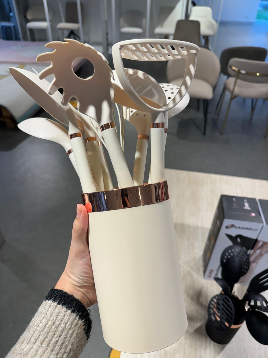 Kadirelli Keukengerei Set 10-delig met Houder - Keukengerei Set - Beige / Rosé Goud