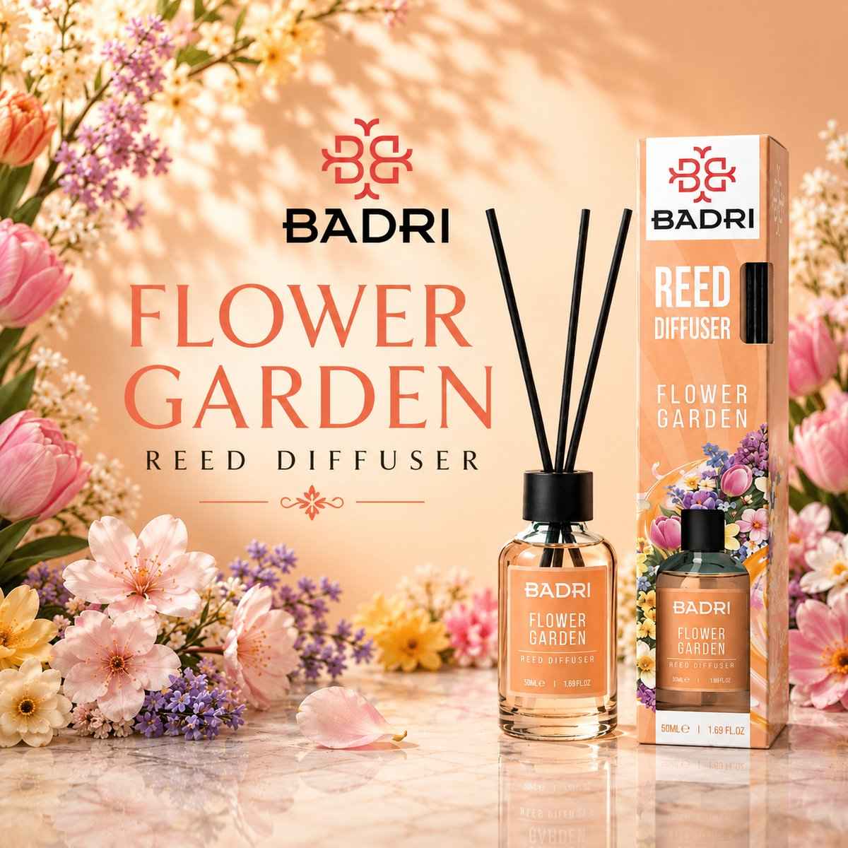 BADRI Geurstokjes Flower Garden 50ML – Luxe Reed Diffuser met Bloemige Geur voor Woonkamer & Badkamer productafbeelding 2