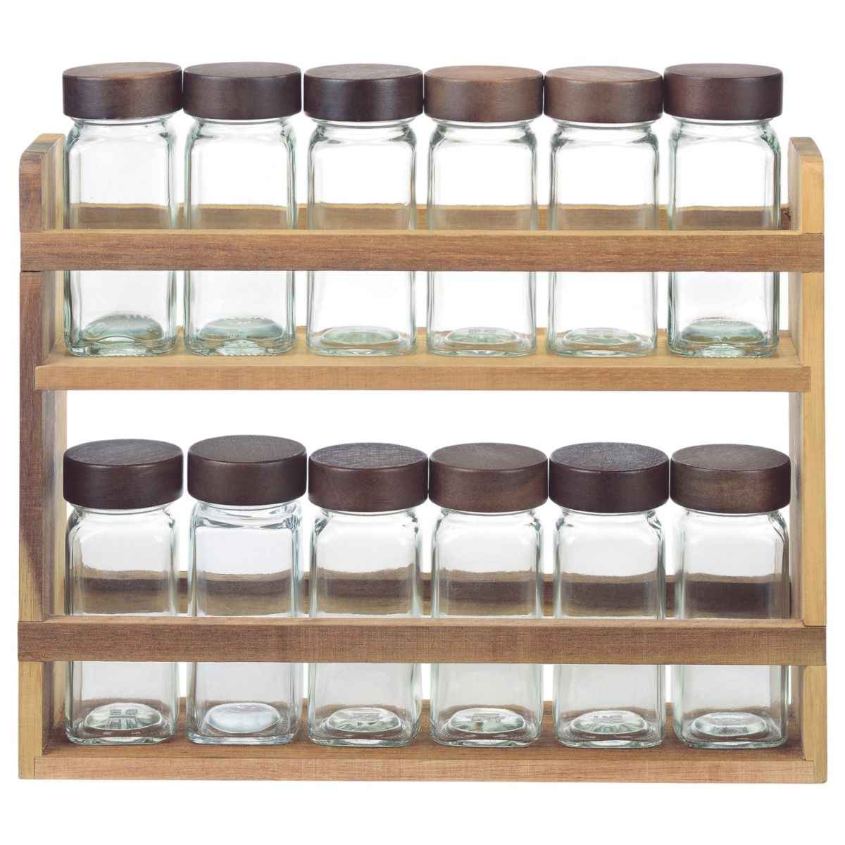 Bricard Kruidenrek met 12 Glazen Kruidenpotjes - Glas/Acacia Hout - 31x7x27cm - 13-delig