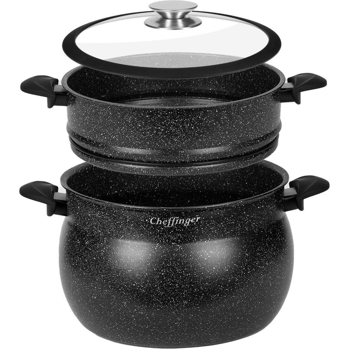 Cheffinger Couscouspan - Stoompan - 8L - Zwart - Rijst en Groentestomer - Couscoussier - Met Glazen Deksel - Inductie - TEKZEN