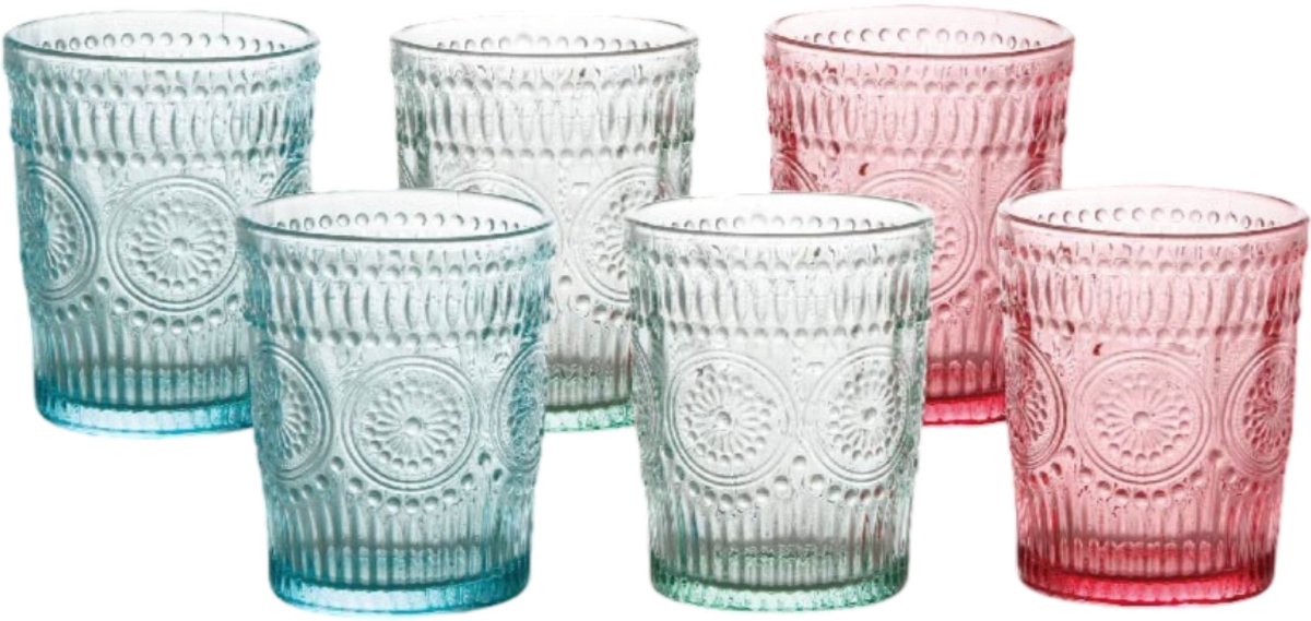Cheffinger Drinking Glasses - Set of 6 - 300ml - Colorful Vintage Glasses