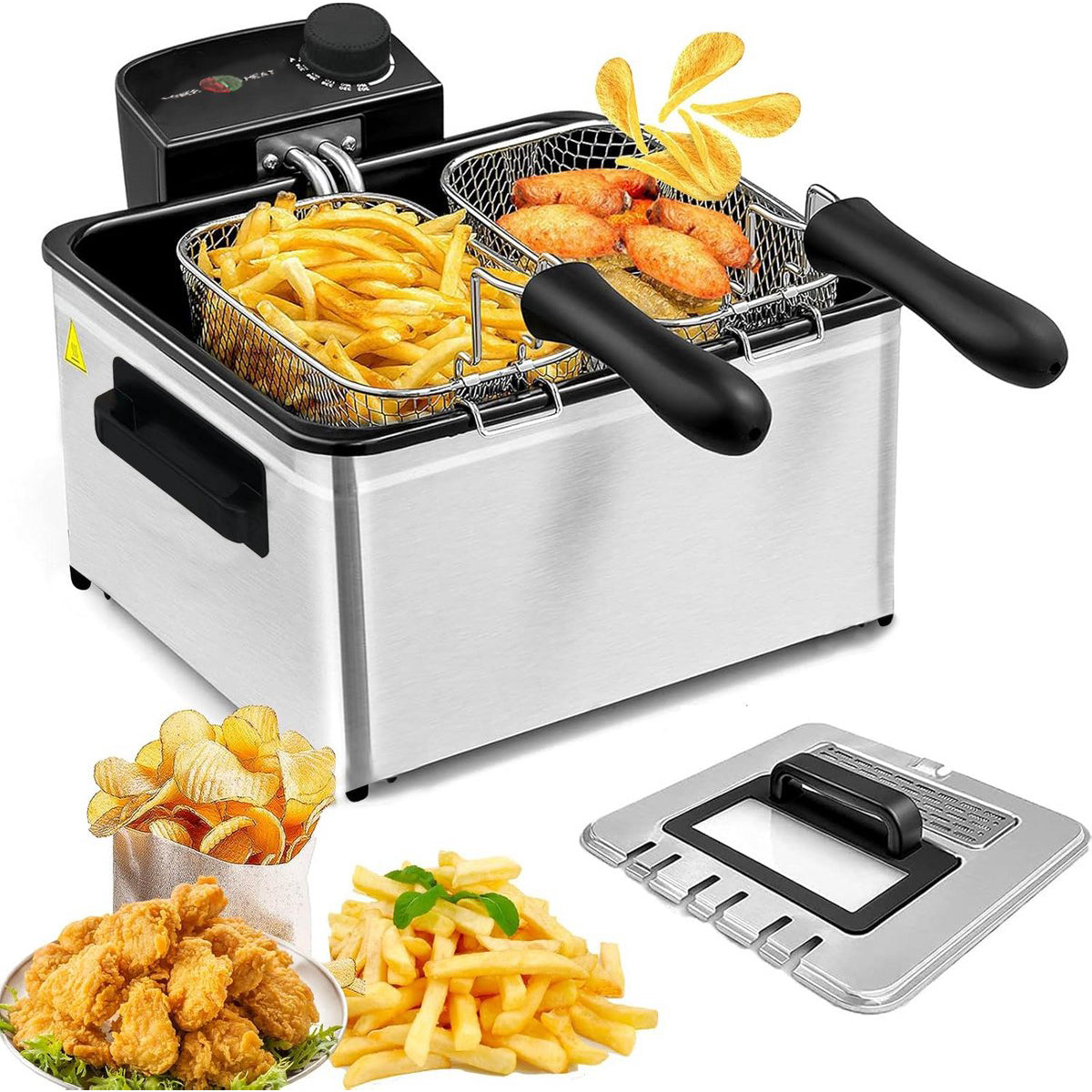 Cheffinger Deep Fryer - 5L - Stainless Steel - 2000W - With Viewing Window & 3 Removable Frying Baskets - Deep Fryer
