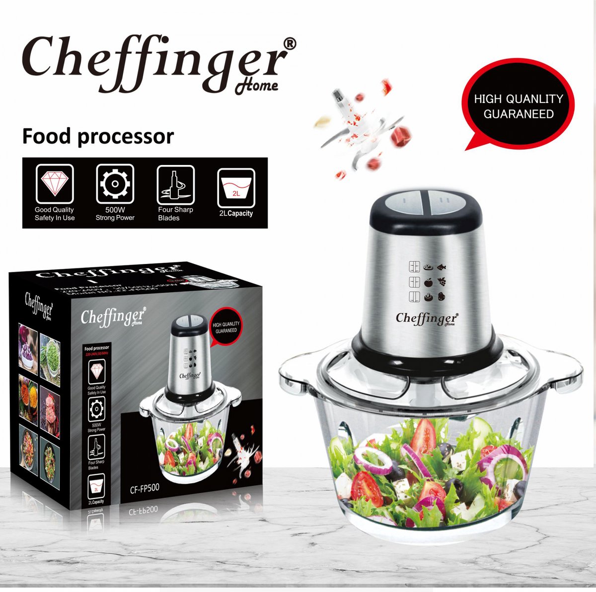 Cheffinger Hakmolen Elektrisch - Glazen 2L Kom XL - 500W Extra Sterk - TEKZEN