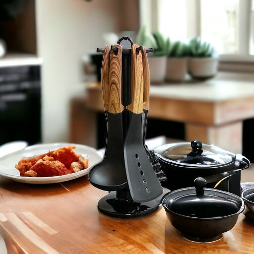 Cheffinger Keukengerei Set - 7-delig - Hout - 360° Draaibare Standaard - Kookgerei Set - TEKZEN