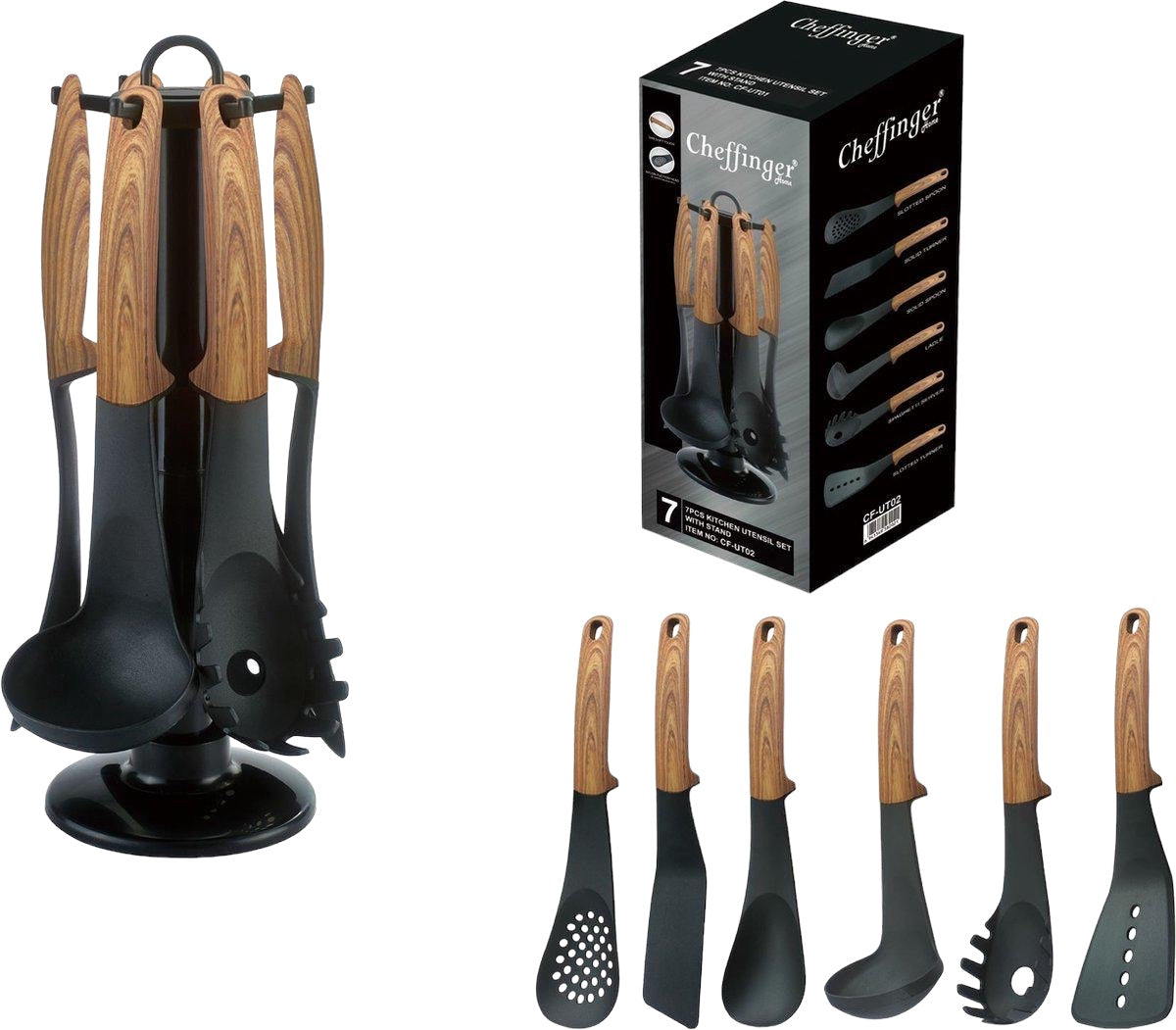 Cheffinger Keukengerei Set - 7-delig - Hout - 360° Draaibare Standaard - Kookgerei Set - TEKZEN