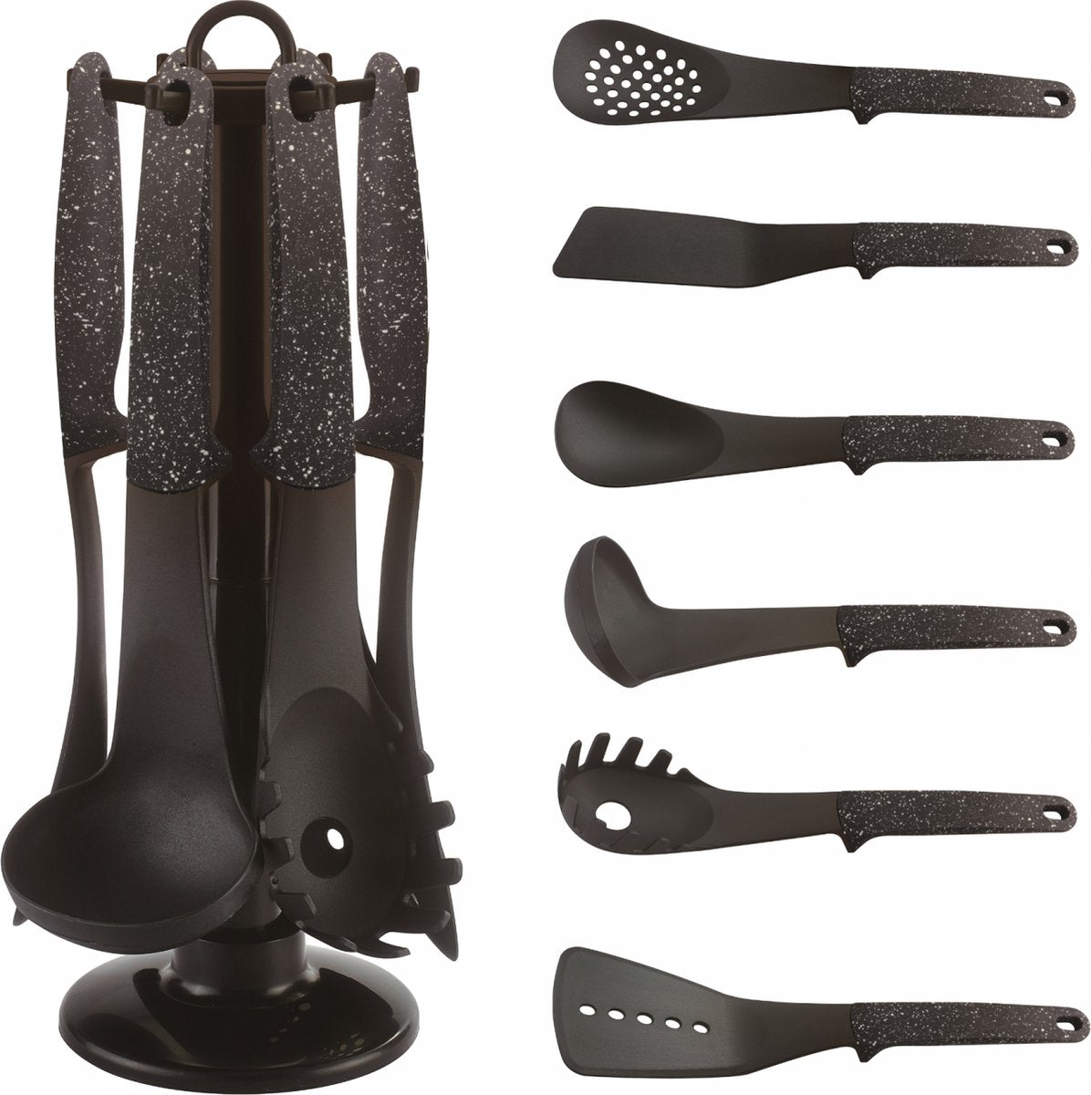 Cheffinger Keukengerei Set - 7-delig - Zwart - 360° Draaibare Standaard - Kookgerei Set - TEKZEN