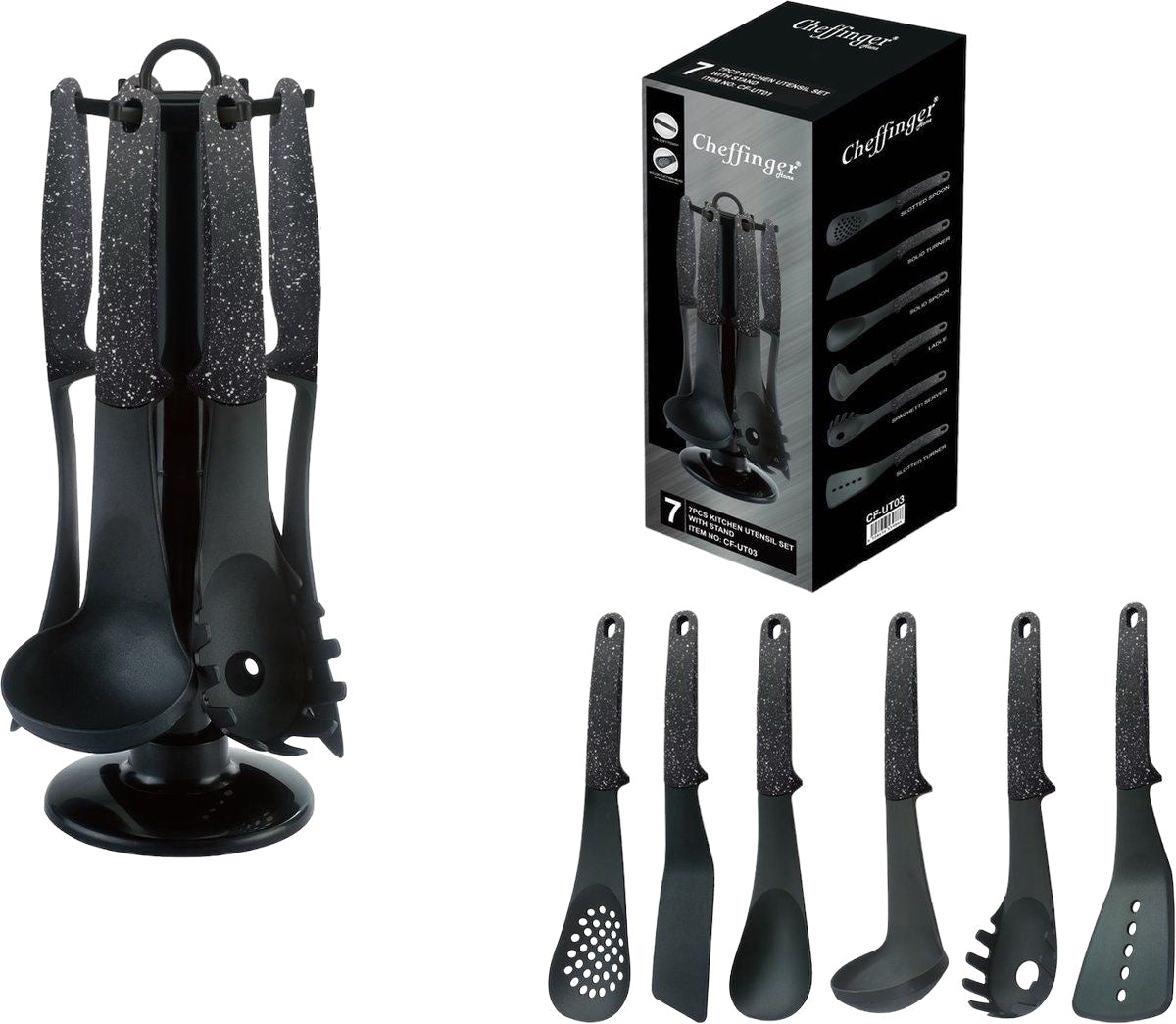 Cheffinger Keukengerei Set - 7-delig - Zwart - 360° Draaibare Standaard - Kookgerei Set - TEKZEN