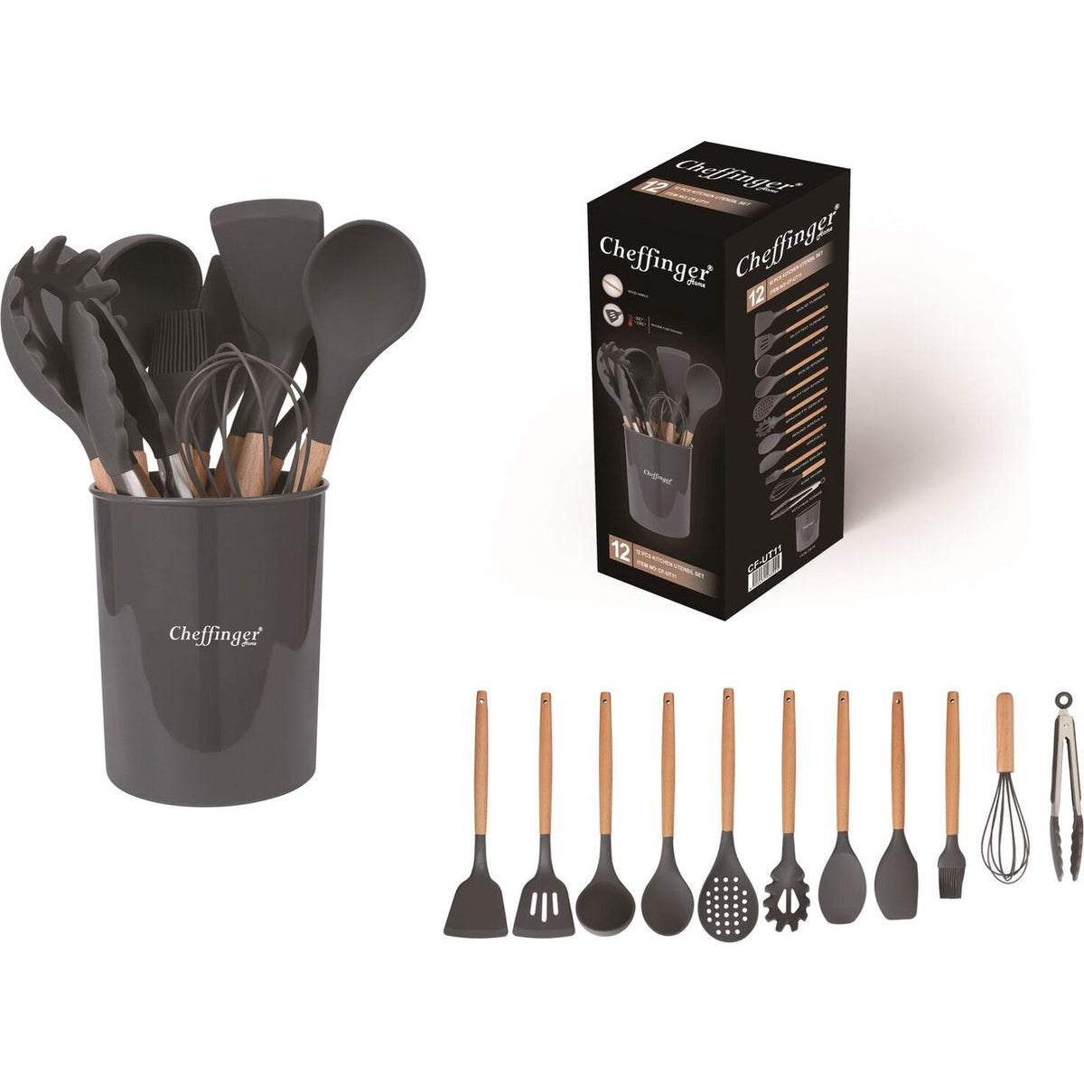 Cheffinger Kookgerei Set met Houder - 12-delig - Grijs - Keukengerei Set - TEKZEN