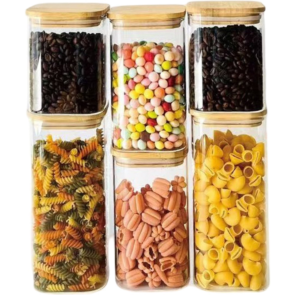 Cheffinger Glass Storage Jars Set with Bamboo Lid - 6-piece - 2x 750ml, 2x 1100ml, 2x 1500ml