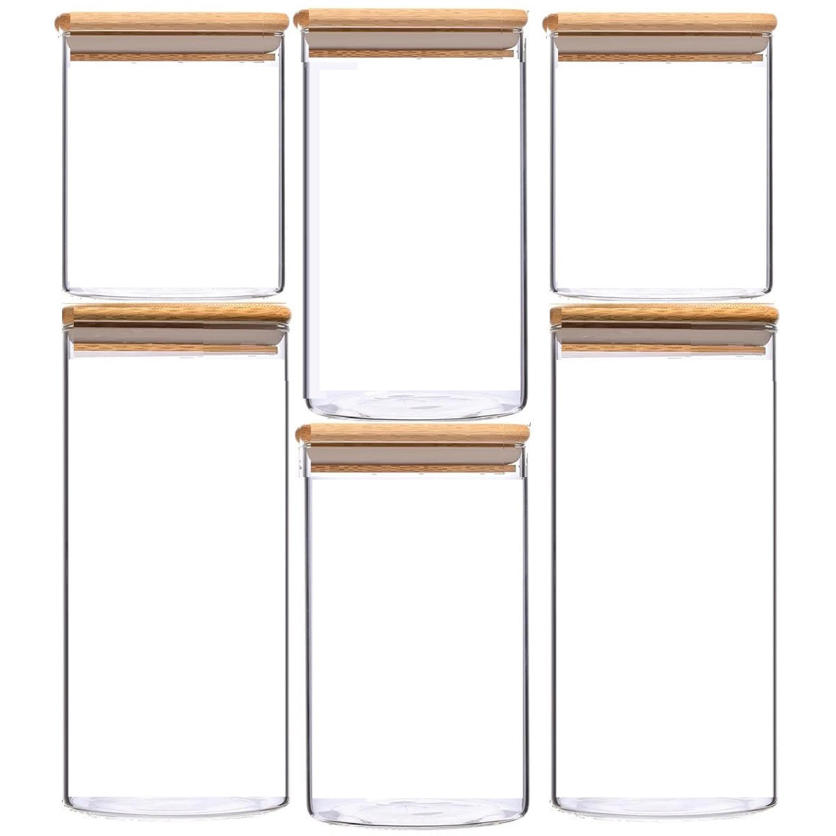 Cheffinger Glass Storage Jars Set with Bamboo Lid - 6-piece - 2x 750ml, 2x 1100ml, 2x 1500ml