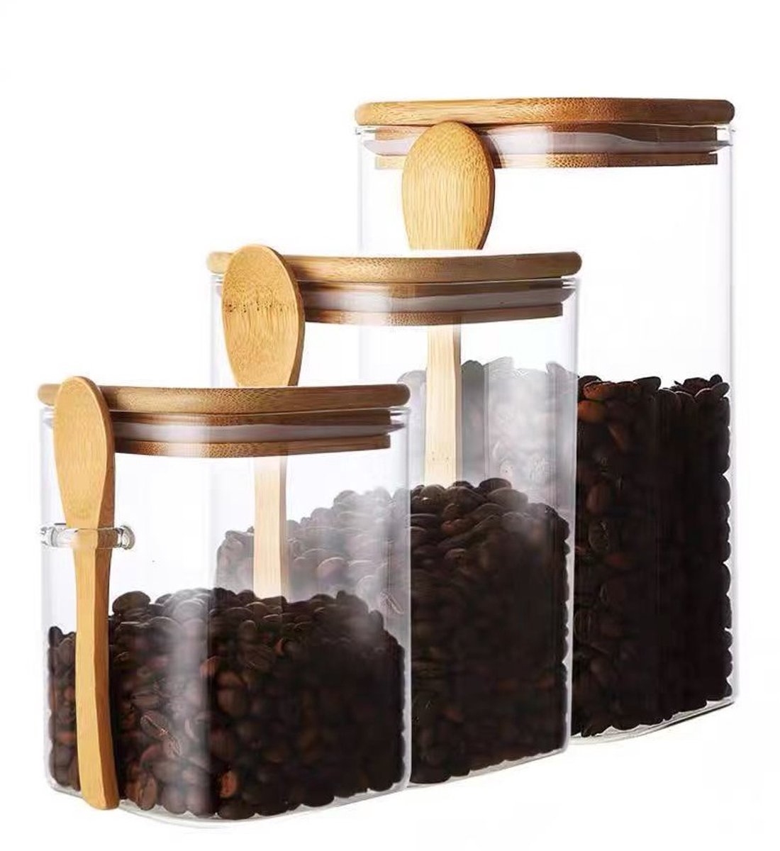 Cheffinger Glass Storage Jars Set with Bamboo Lid and Spoons - 3-Piece - 900ml, 1100ml, 1500ml