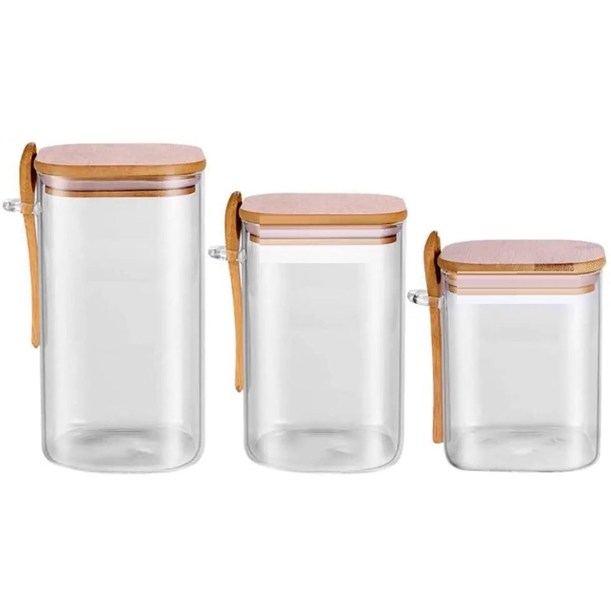 Cheffinger Glass Storage Jars Set with Bamboo Lid and Spoons - 3-Piece - 900ml, 1100ml, 1500ml