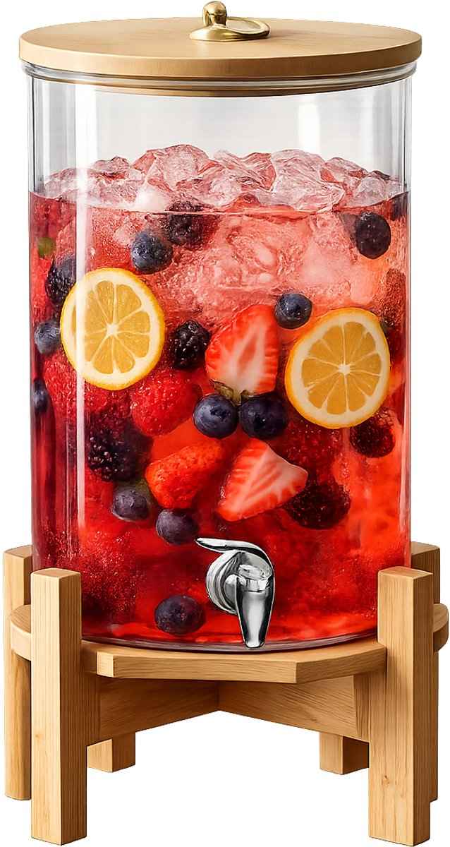 Glozini Limonadedispenser met Houten Deksel & Standaard - 8 Liter Waterdispenser - Drankendispenser - Sapdispenser