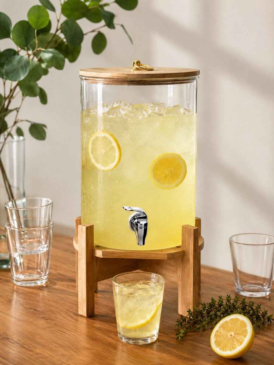 Glozini Limonadedispenser met Houten Deksel & Standaard - 8 Liter Waterdispenser - Drankendispenser - Sapdispenser