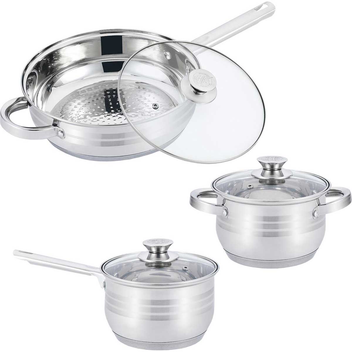 Batterie de cuisine Kadirelli avec couvercle en verre - 12 pièces - Acier inoxydable - Compatible induction - Argent