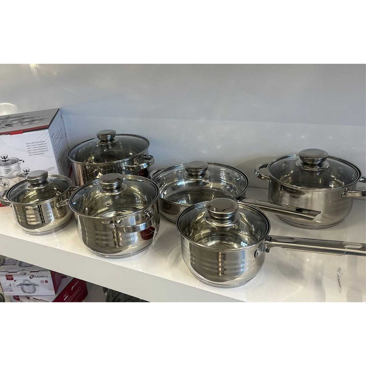 Batterie de cuisine Kadirelli avec couvercle en verre - 12 pièces - Acier inoxydable - Compatible induction - Argent