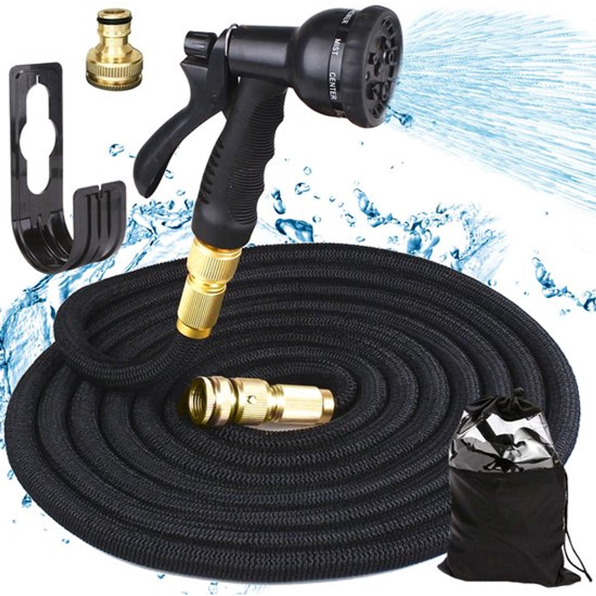 MONOO Flexibler Gartenschlauch und Bewässerung 30 Meter - Gartenbewässerung - Gartensprinkler - Wasserschlauch - 7 Sprühfunktionen - Schwarz