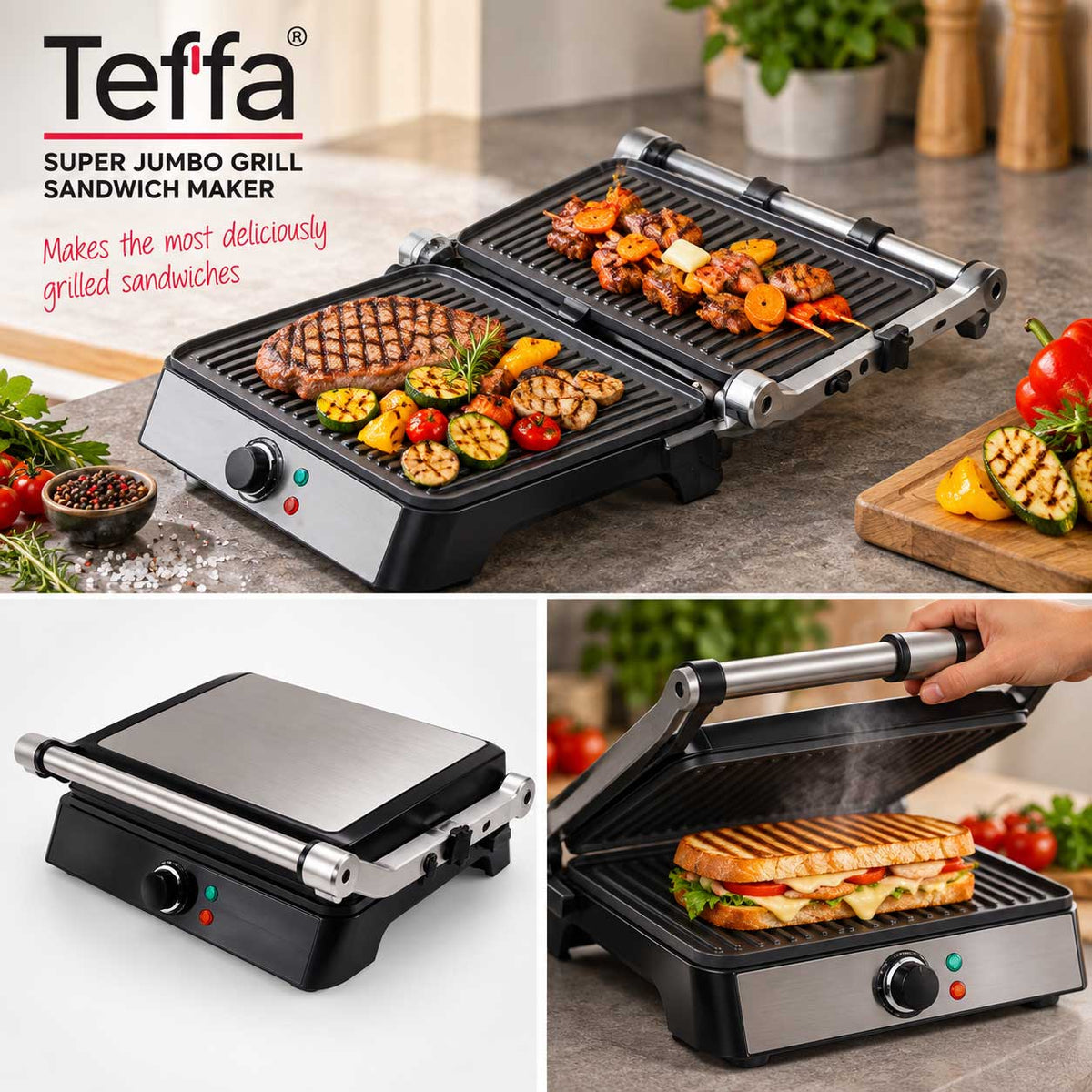 Teffo Super Jumbo Grill Sandwich Maker - Contactgrill - Tosti Apparaat XL - 1400W – foto 2