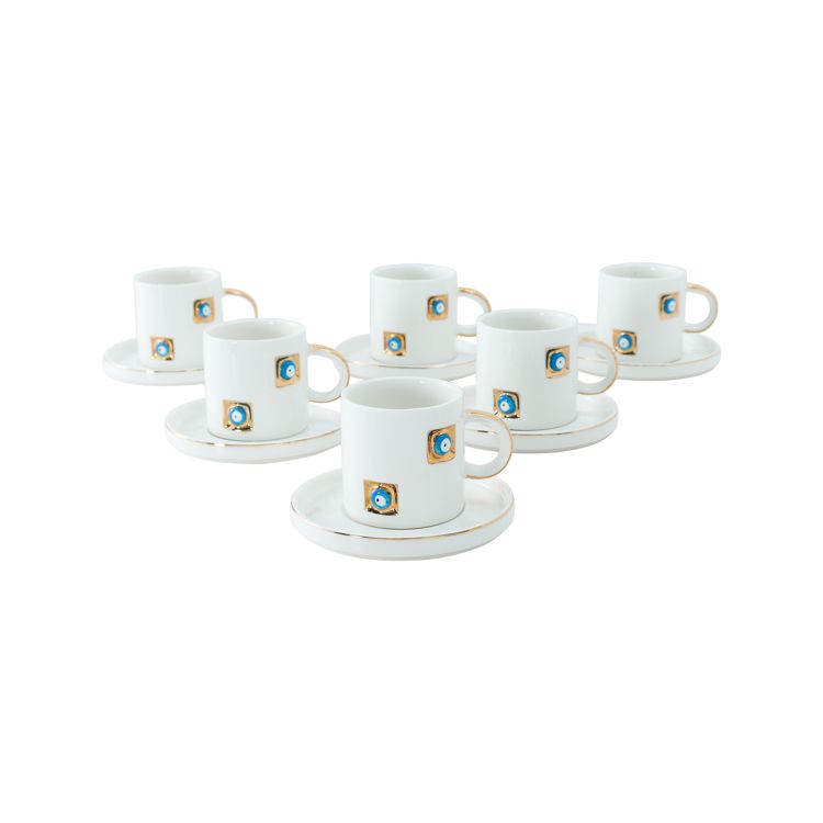 Bricard Yadigar - Espressoset met Nazar Boncuk - 12-delig - Wit/Goud - 125ml - Keramiek - Espresso Kopjes & Schotels