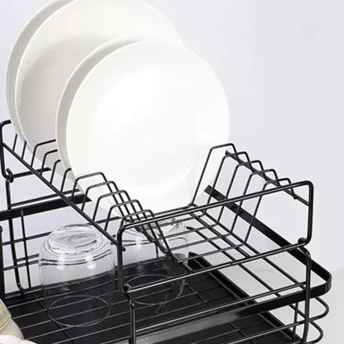 Cheffinger Afdruiprek Met Lekbak - Zwart - 2 Etages - Afwas Druiprek Droogrek Met Bestekmand - TEKZEN