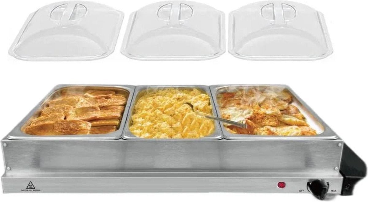 Cheffinger Buffetwarmer - Warmhoudplaat - Voedselwarmer - 3x2.4L - Roestvrij Staal - TEKZEN