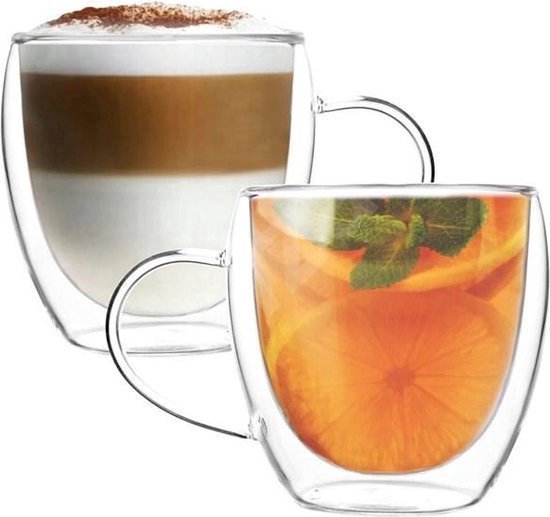 Cheffinger Dubbelwandige Glazen met Oor - 250 ml - Set van 2 - Koffieglazen - Theeglas - Cappuccino Glazen - Latte Macchiato Glazen - TEKZEN