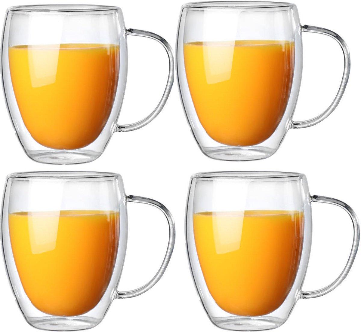 Cheffinger Dubbelwandige Glazen met Oor - 350 ml - Set van 4 - Koffieglazen - Theeglas - Cappuccino Glazen - Latte Macchiato Glazen - TEKZEN