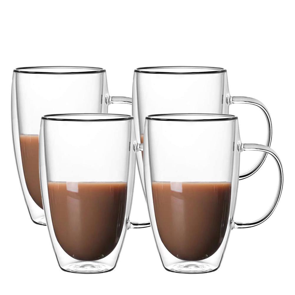Cheffinger Dubbelwandige Glazen met Oor - 450 ml - Set van 4 - Koffieglazen - Theeglas - Cappuccino Glazen - Latte Macchiato Glazen - TEKZEN