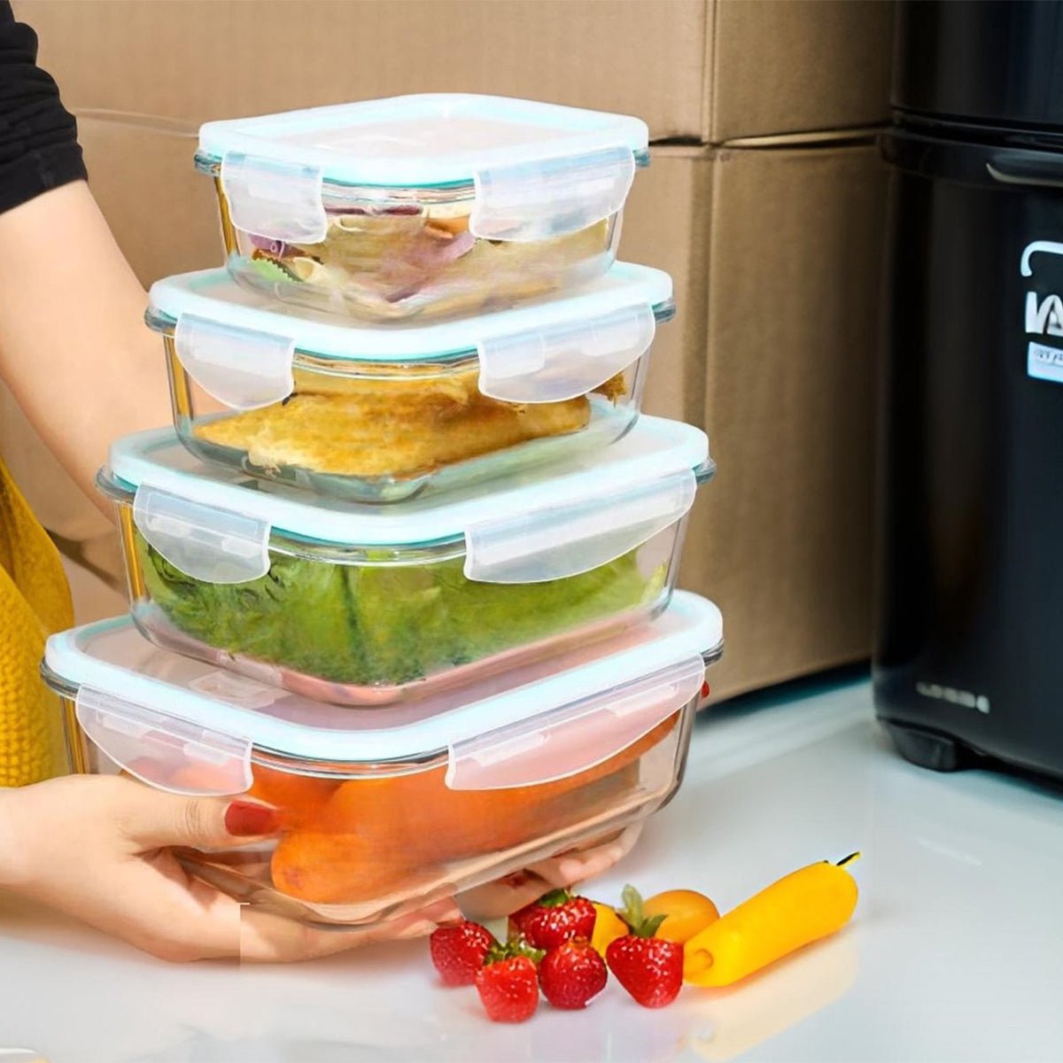 Cheffinger Glazen Vershoudbakjes - 4 - delig - Meal Prep Bakjes - Lunchbox - BPA vrij - Glas - TEKZEN