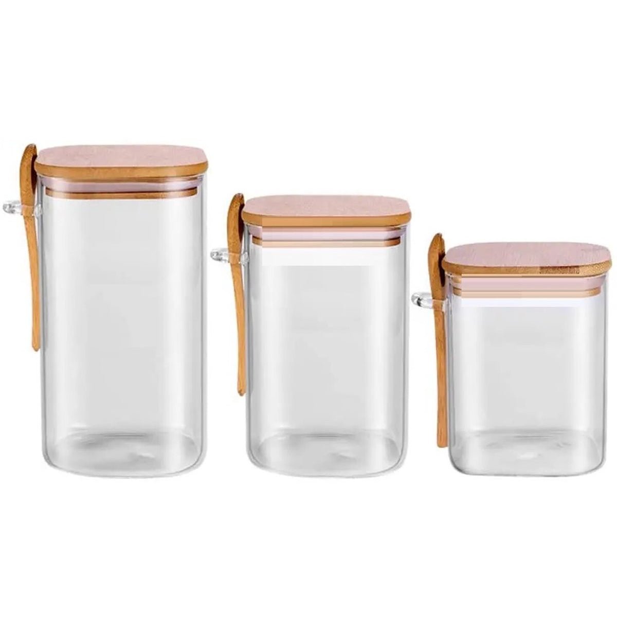 Cheffinger Glazen Voorraadpotten Set met Bamboe Deksel en Lepels - 3 - delig - 900ml, 1100ml, 1500ml - TEKZEN