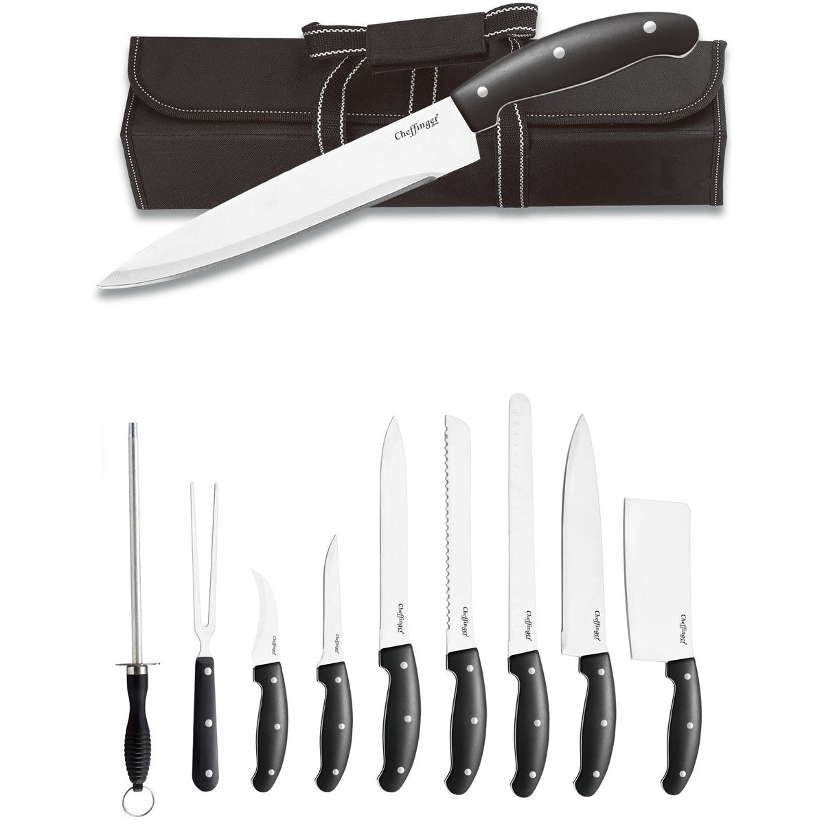 Cheffinger Messenset – 10-delig – Professionele Keuken- & BBQ-messen met Slijper en Opbergtas messenset