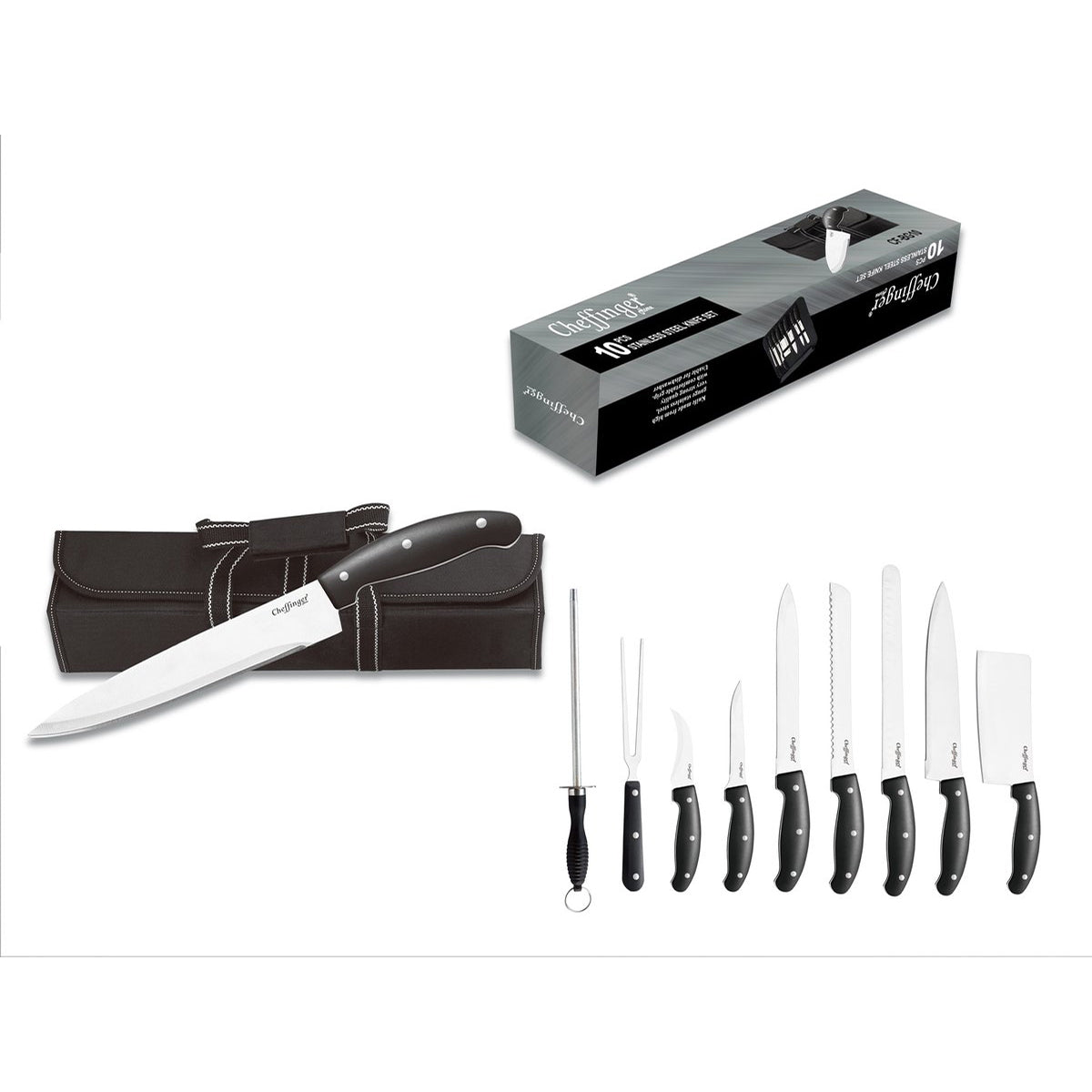 Cheffinger Messenset – 10-delig – Professionele Keuken- & BBQ-messen met Slijper en Opbergtas messenset productafbeelding 2