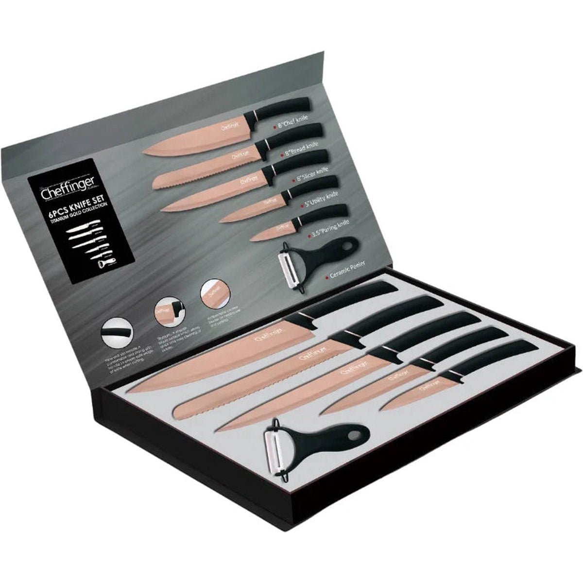 Cheffinger Messenset - 6 - delig - Rosé Goud / Zwart - TEKZEN