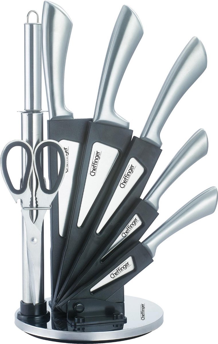 Cheffinger Messenset met Standaard - 8 - delig - Zilver - TEKZEN