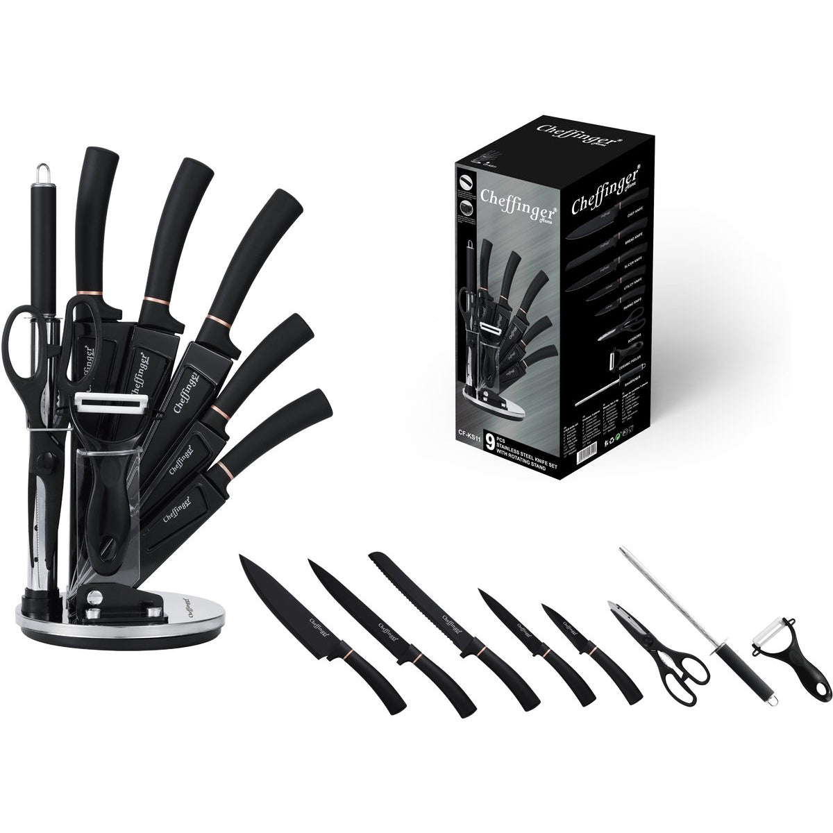 Cheffinger Messenset met Standaard - 9 - delig - Zwart / Rosé Goud - TEKZEN