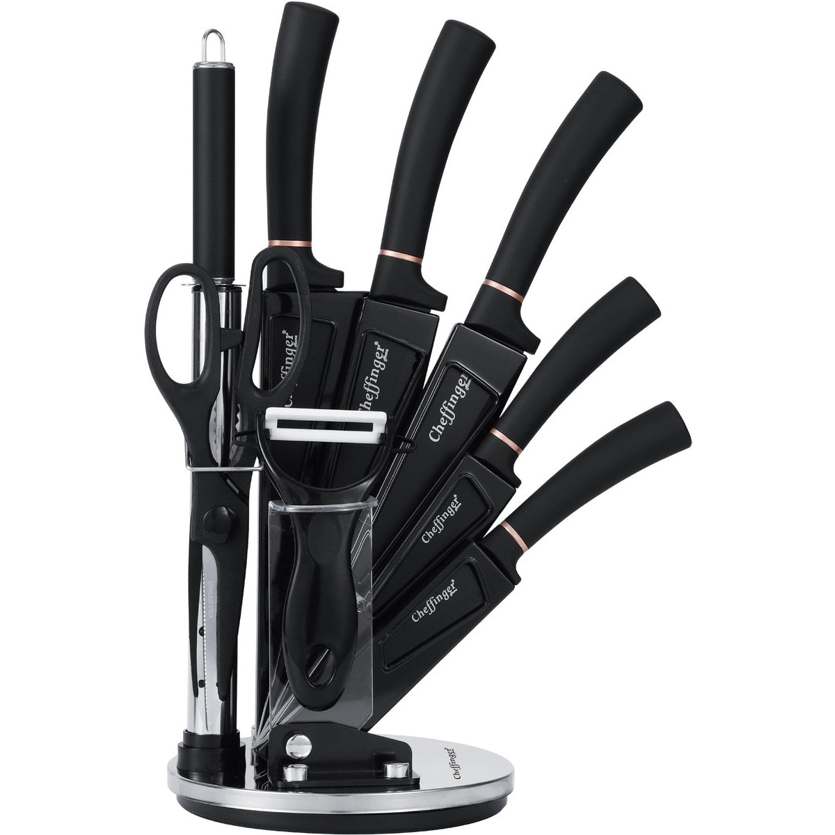 Cheffinger Messenset met Standaard - 9 - delig - Zwart / Rosé Goud - TEKZEN