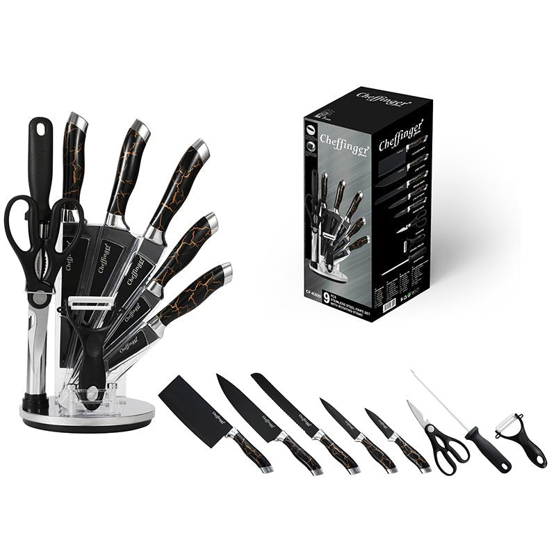 Cheffinger Messenset met Standaard - 9 - delig - Zwart/Rosé Goud/Marmer - TEKZEN