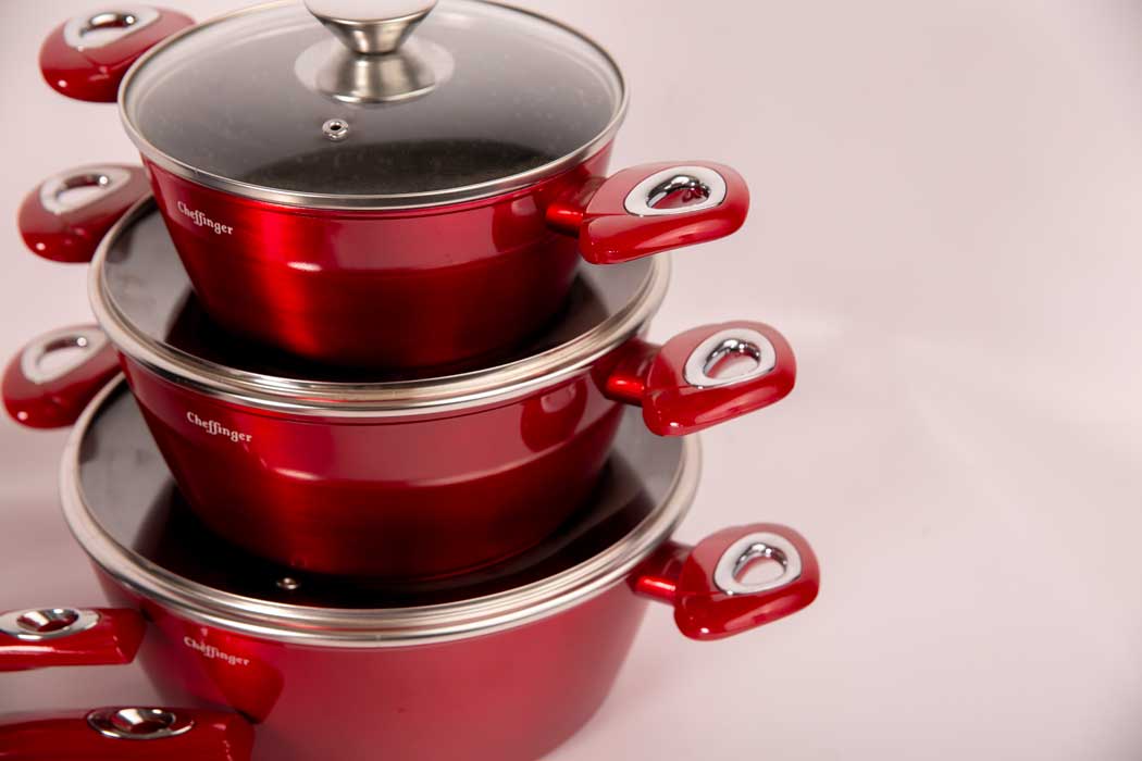 Cheffinger Pannenset - 10 - delig - Rood - Inductie - Met Glazen Deksels - TEKZEN