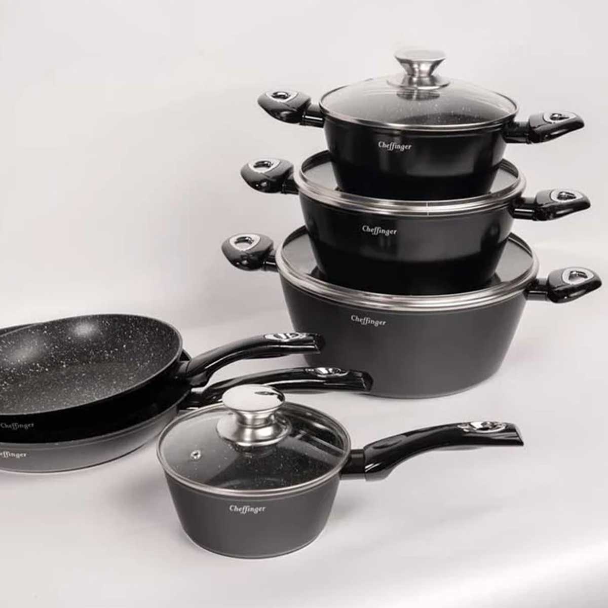 Cheffinger Pannenset - 10 - delig - Zwart - Inductie - Met Glazen Deksels - TEKZEN