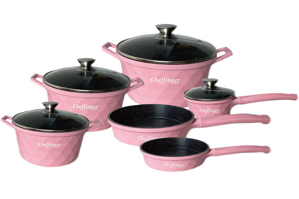 Cheffinger Pannenset - 12 - delig - Roze - Inductie - Met glazen deksels - TEKZEN