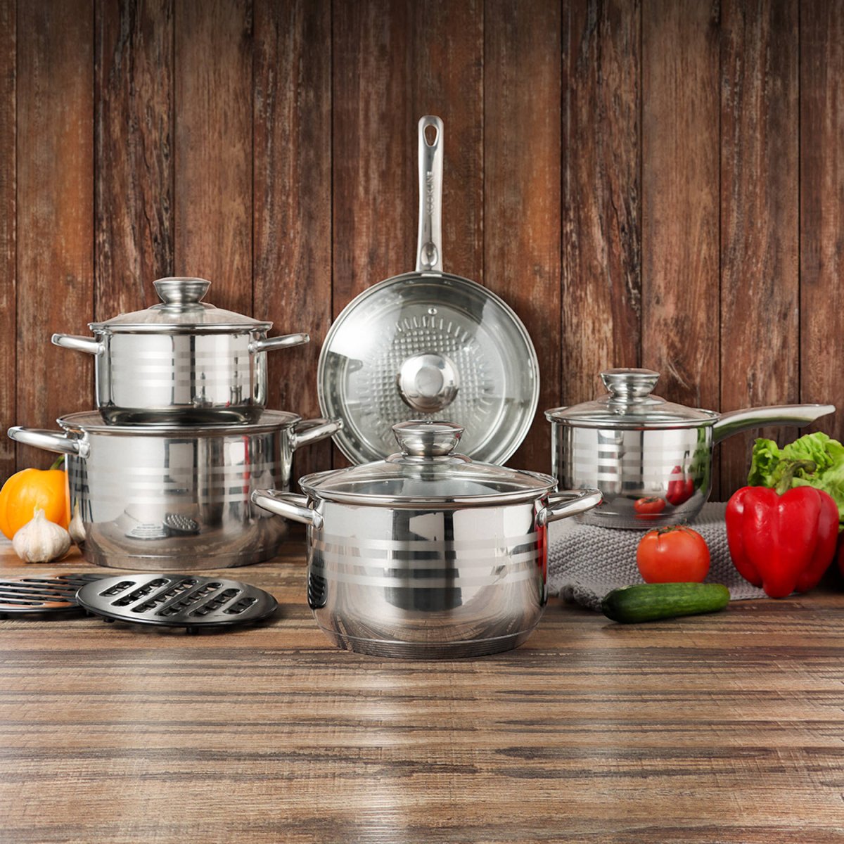 Cheffinger Pannenset - 12 - delig - Zilver - RVS - Kookpannen - Inductie - TEKZEN