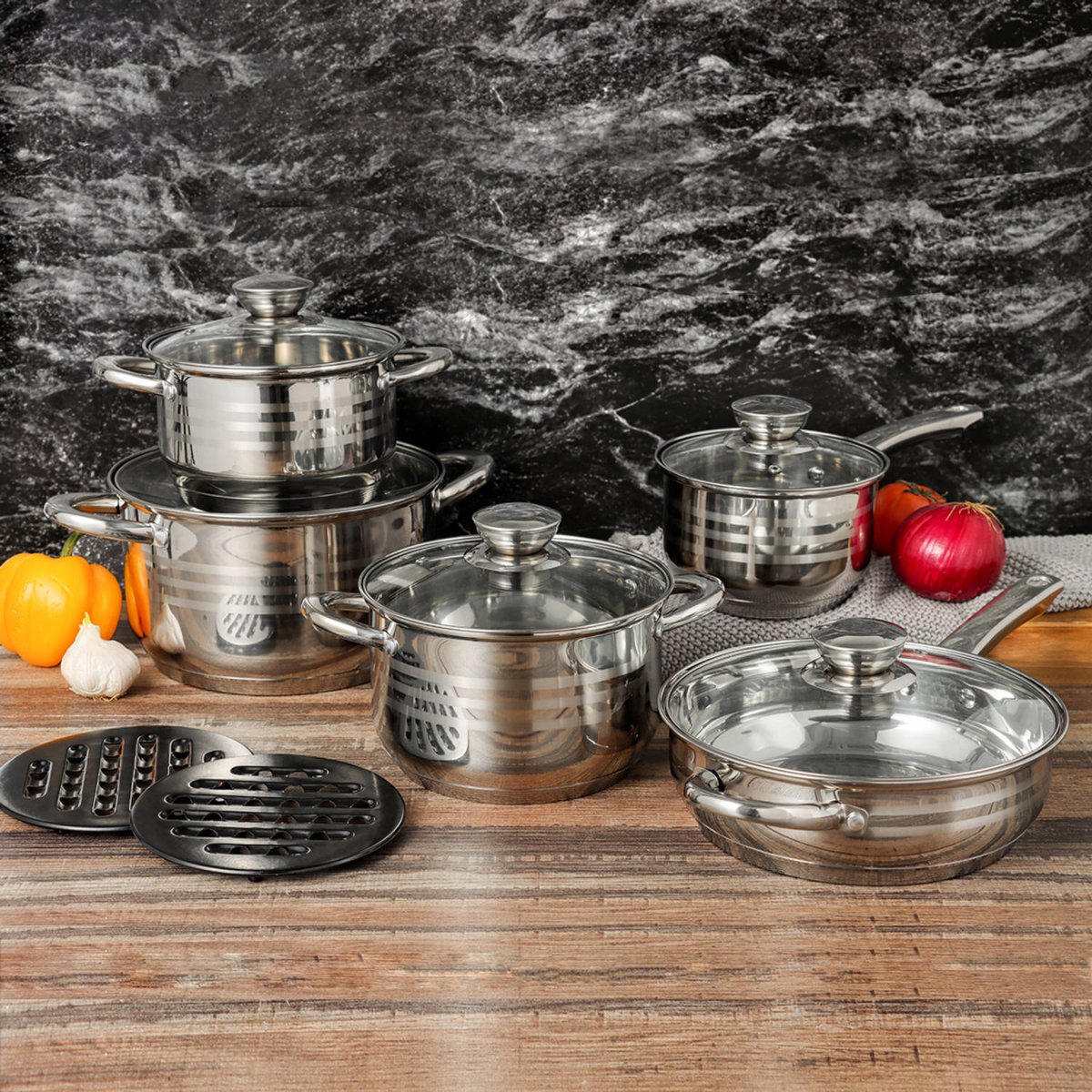 Cheffinger Pannenset - 12 - delig - Zilver - RVS - Kookpannen - Inductie - TEKZEN