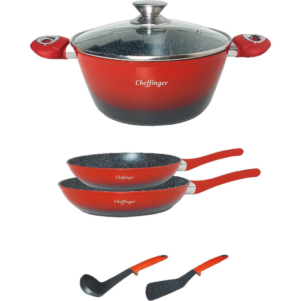 Cheffinger Pannenset - 6 - delig - Koekenpan - Braadpan - Kookgerei - Rood - TEKZEN