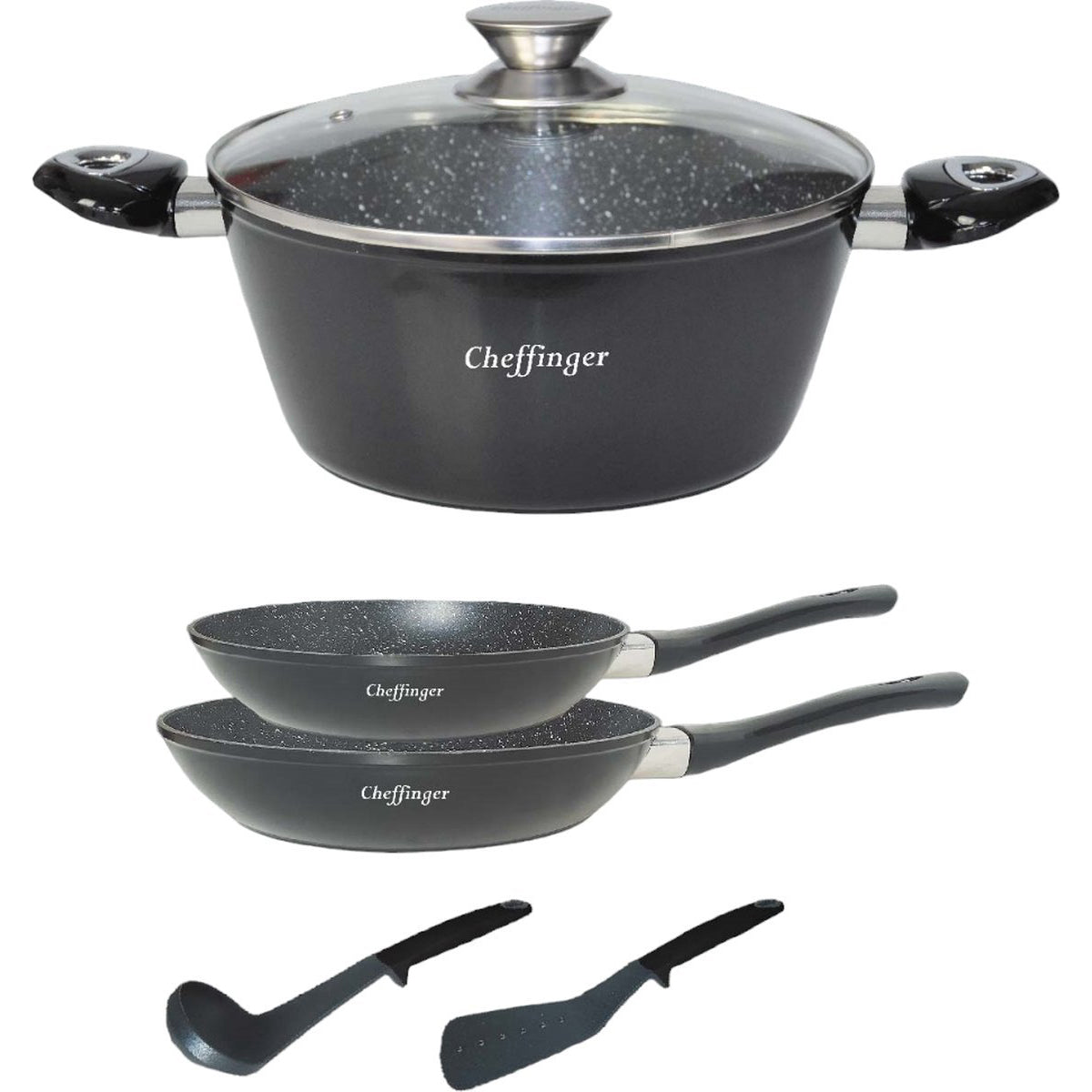 Cheffinger Pannenset - 6 - delig - Koekenpan - Braadpan - Kookgerei - Zwart - TEKZEN