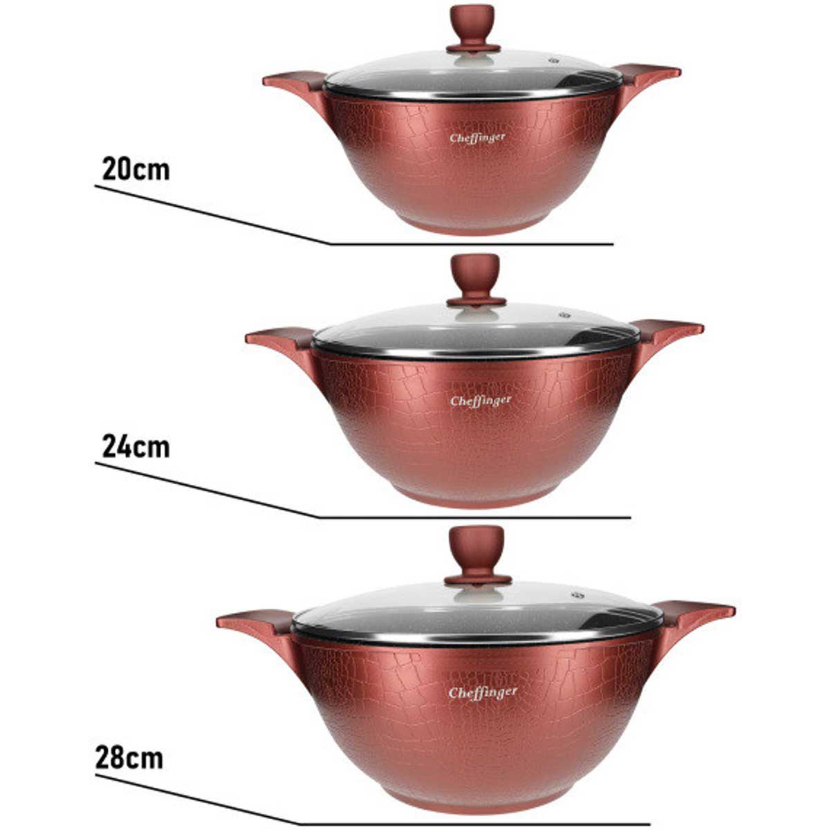 Cheffinger Pannenset - Crocodile Line - 6 - delig - 20, 24 & 28cm - TEKZEN