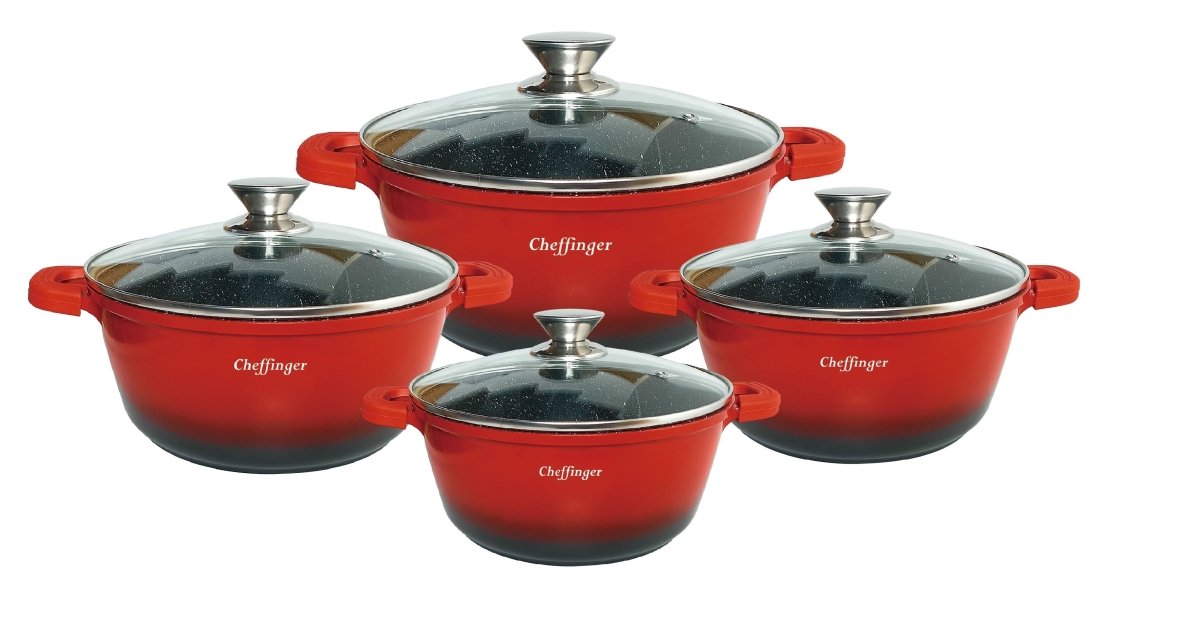 Cheffinger Pannenset met Deksel - 8 - delig - Rood - Ø20/24/28/32cm - Inductie - TEKZEN