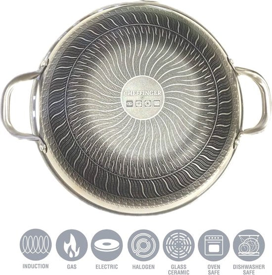 Cheffinger Wokpan met Deksel - Inductie - RVS - Honingraat - TEKZEN