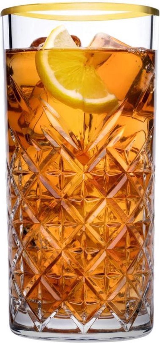 Glozini Longdrinkglas - 6 Stuks - 300ml - met Gouden Rand - TEKZEN